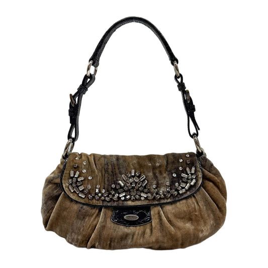Rhinestone Embellished Brown Velvet Shoulder Bag