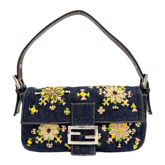 Baguette Floral Embroidered Blue Denim Shoulder Bag