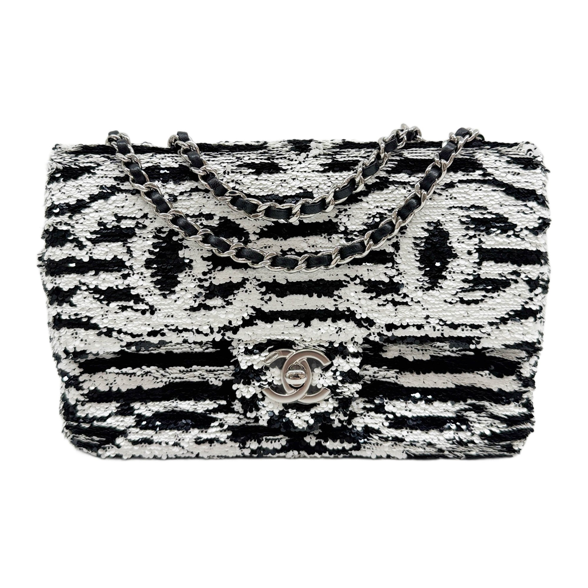 2021- Classic Flap Black & White Sequin Chain Shoulder Bag