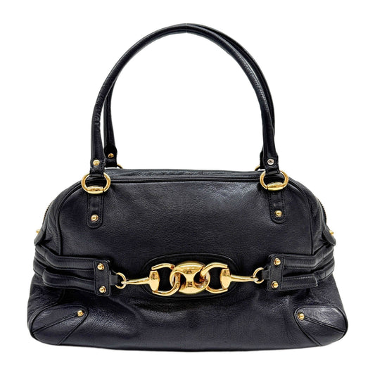 Horsebit Bamboo Detail Black Leather Shoulder Bag