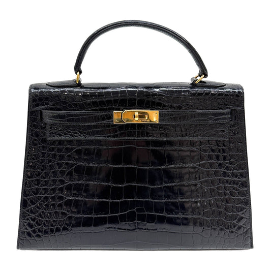Kelly 32 Cayman Black Leather Handle Bag