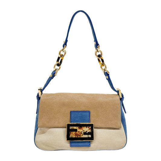 Mini Mamma Baguette Glittery Blue & Brown Leather Shoulder Bag