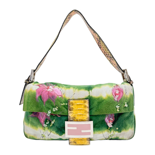 Baguette Floral Green Suede with Python Embossed Leather Shoulder Bag
