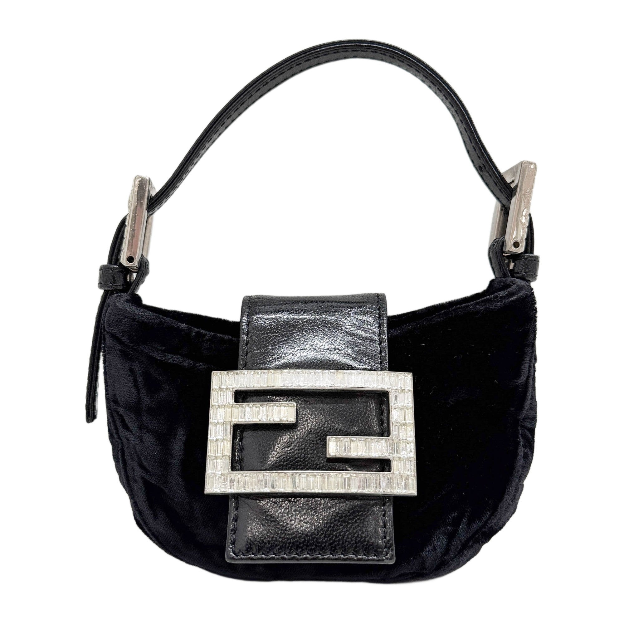 Mini Croissant Rhinestone Buckle Black Velvet Hand Bag