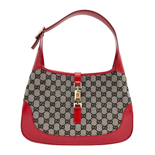 Jackie 1961 Red Leather Trim Brown GG Canvas Shoulder Bag
