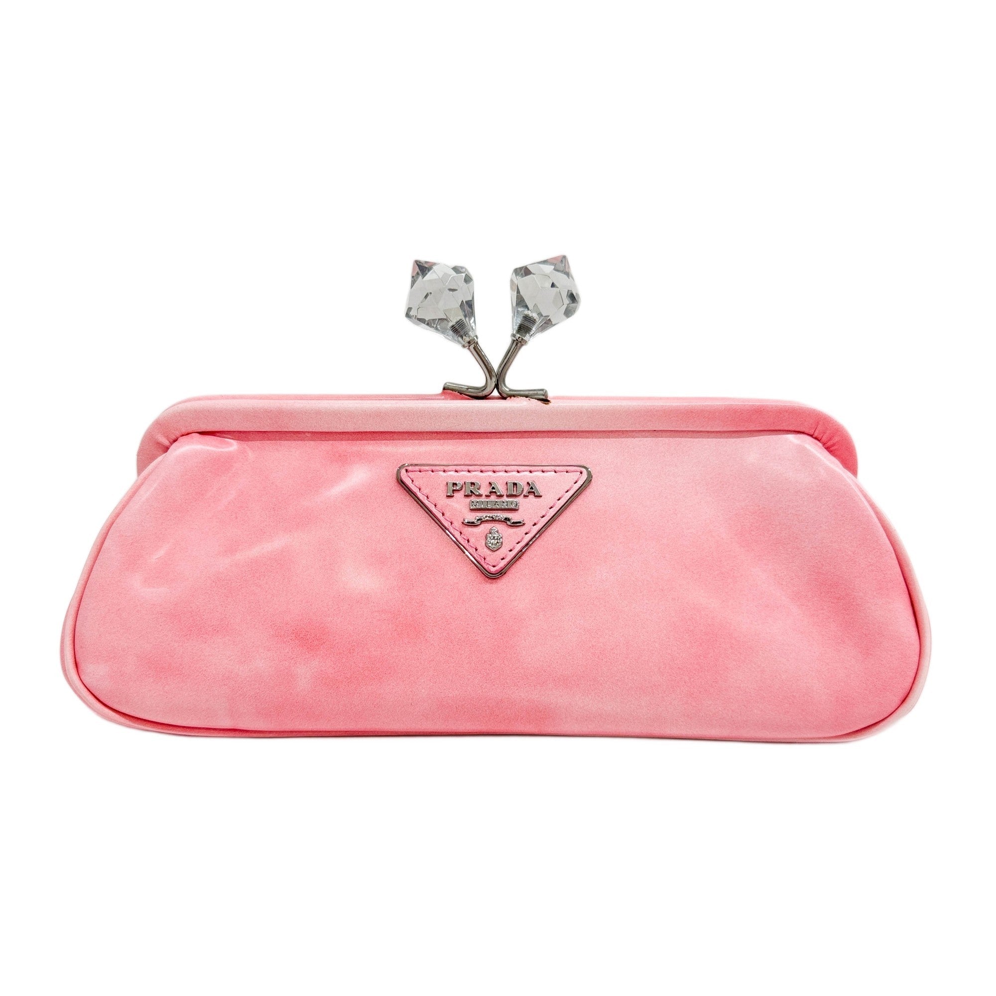 PRADA Pink Coated Leather with Crystal Kiss Lock Pouch Bag – HIVE