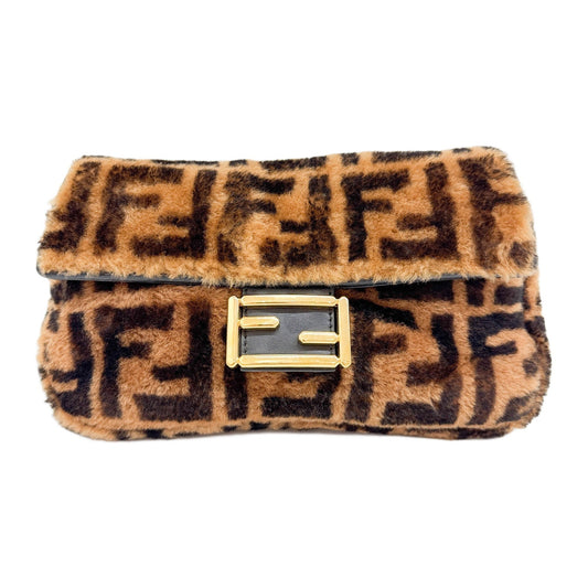 Baguette Brown Zucca Canvas Fur Shoulder Bag