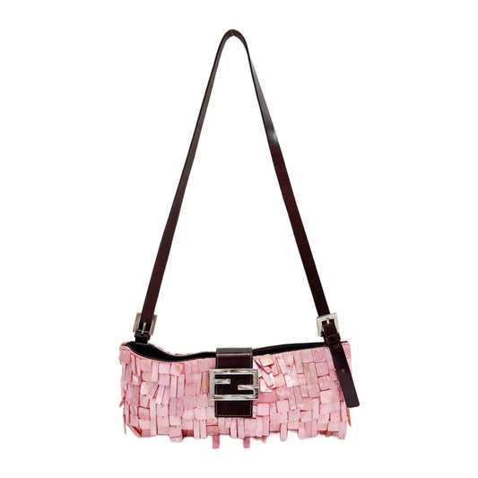 Mother of Pearl Embellished Pink Satin Shoulder Bag