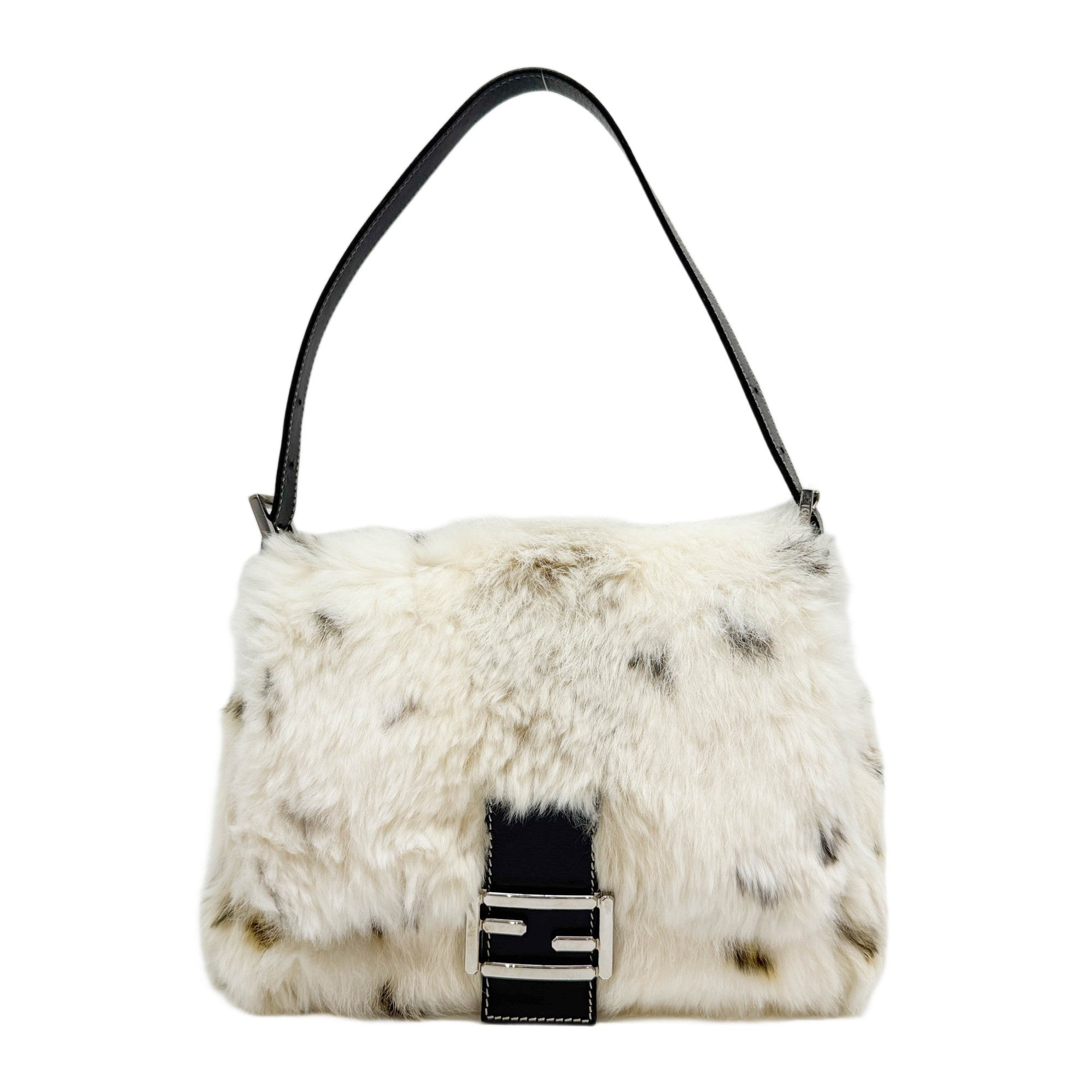 Mamma Baguette Cream Rabbit Print Fur Shoulder Bag