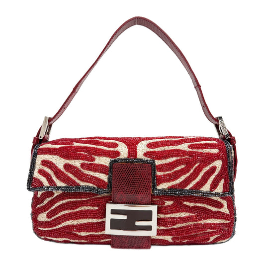 Baguette Red & Black Beaded Rasta with Python Embossed Leather Shoulder Bag