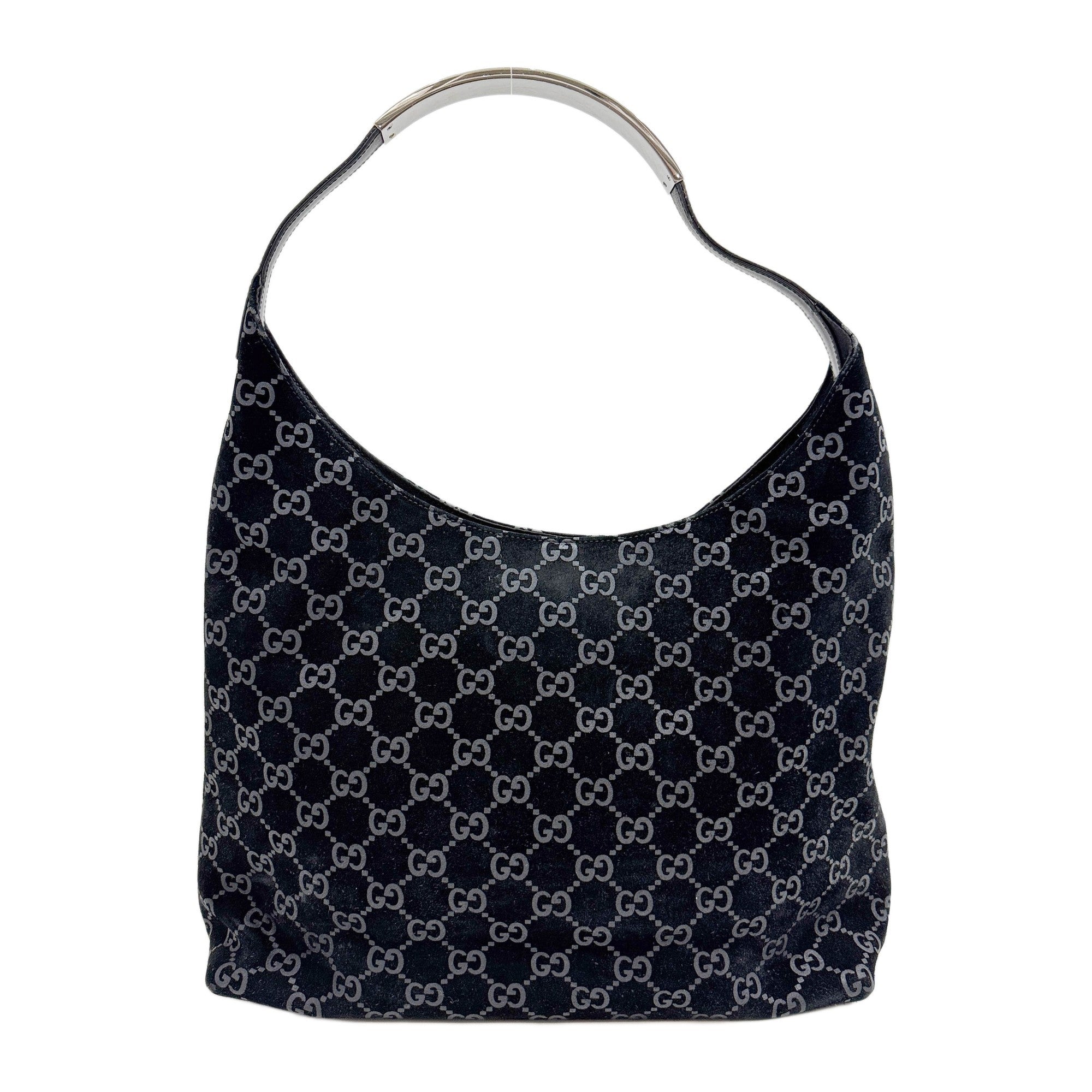Black GG Suede Silver Metal Handle Bag