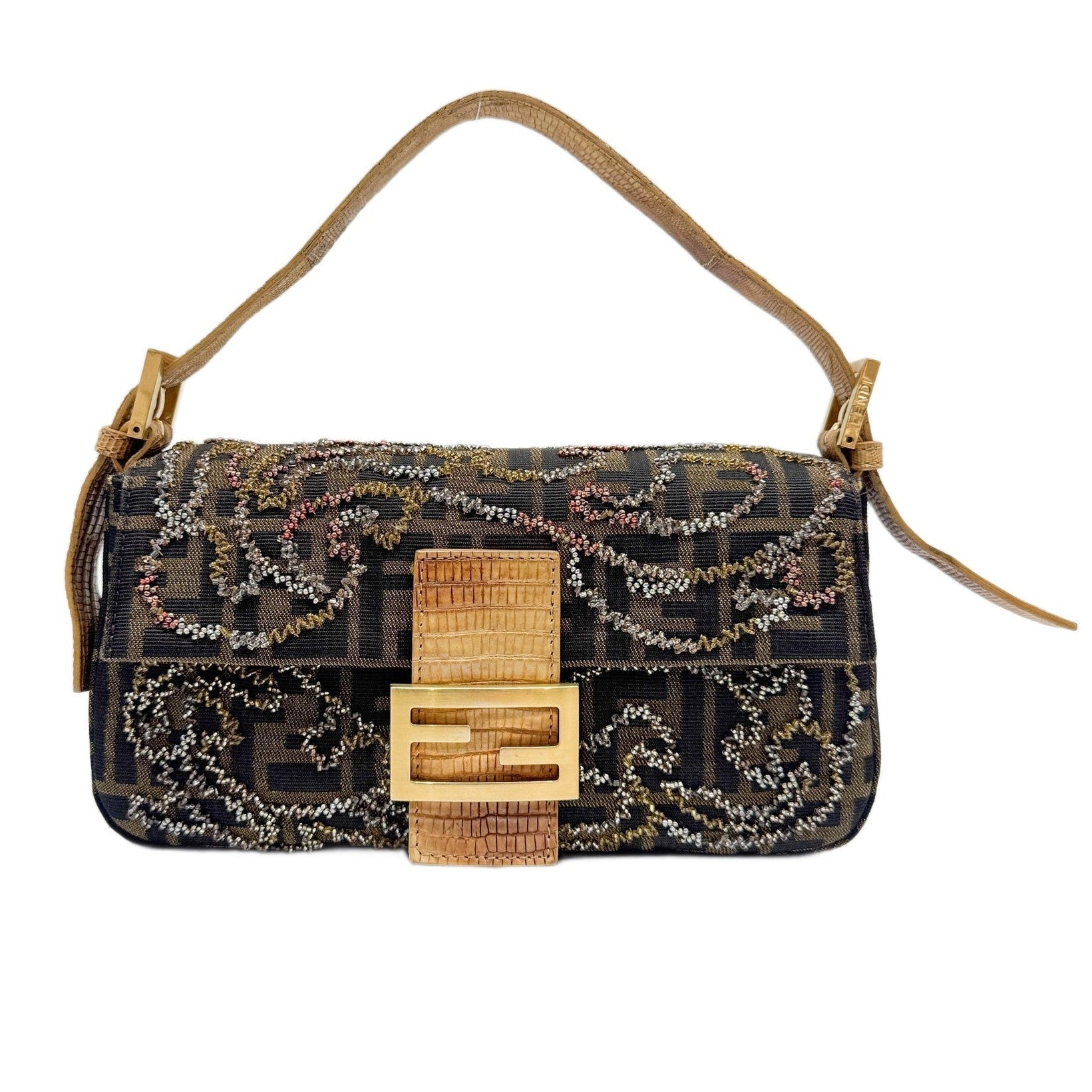 Baguette Lizard Embossed Leather Buckle Embroidered Brown Zucca Canvas Shoulder Bag