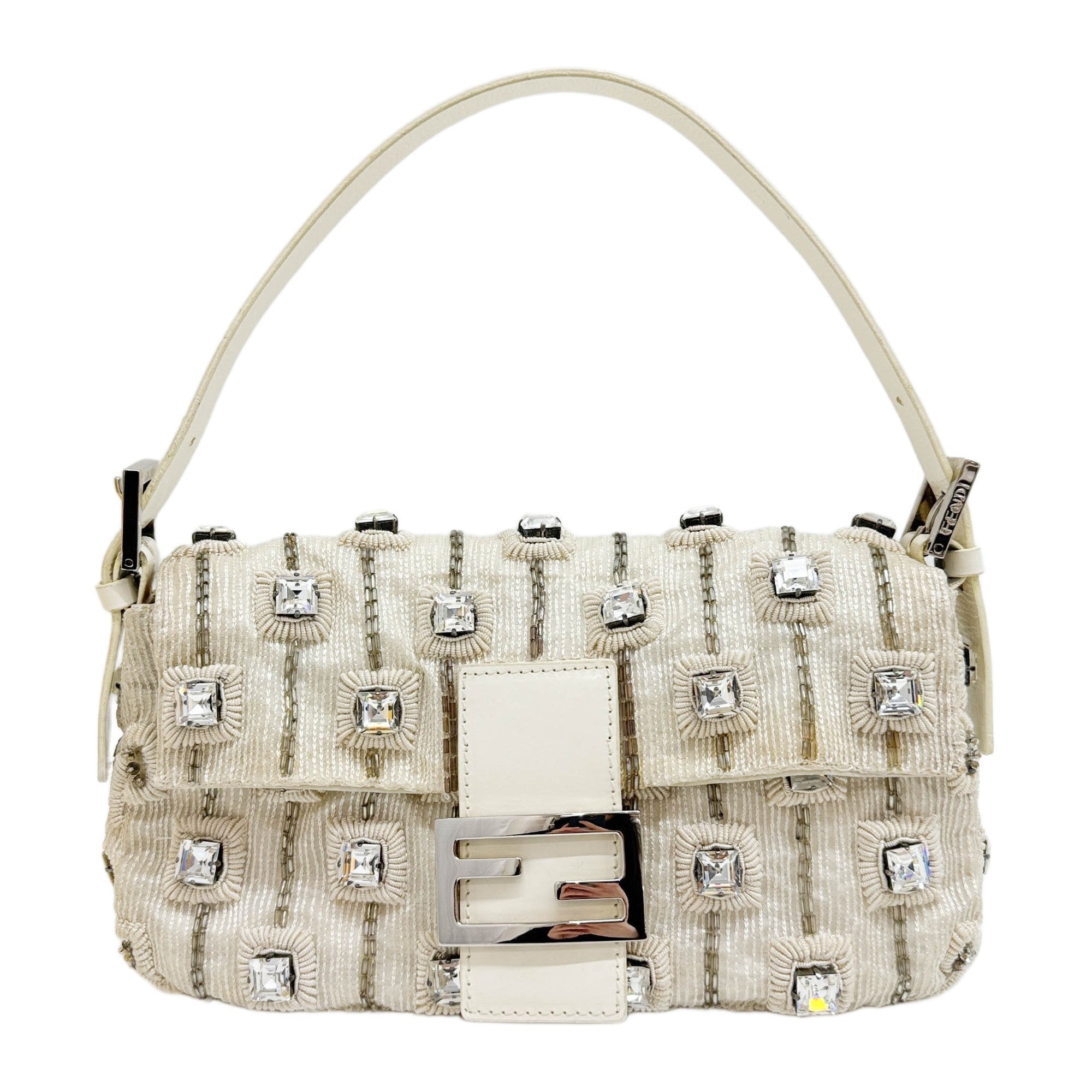 Baguette Rhinestone Embroidered Off-White Cotton Shoulder Bag