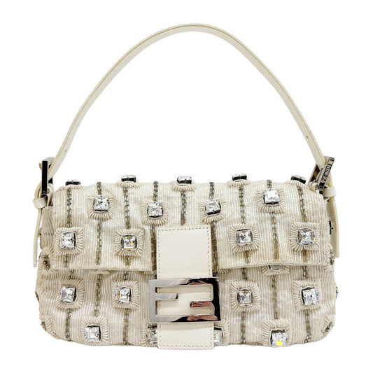 Baguette Rhinestone Embroidered Off-White Cotton Shoulder Bag