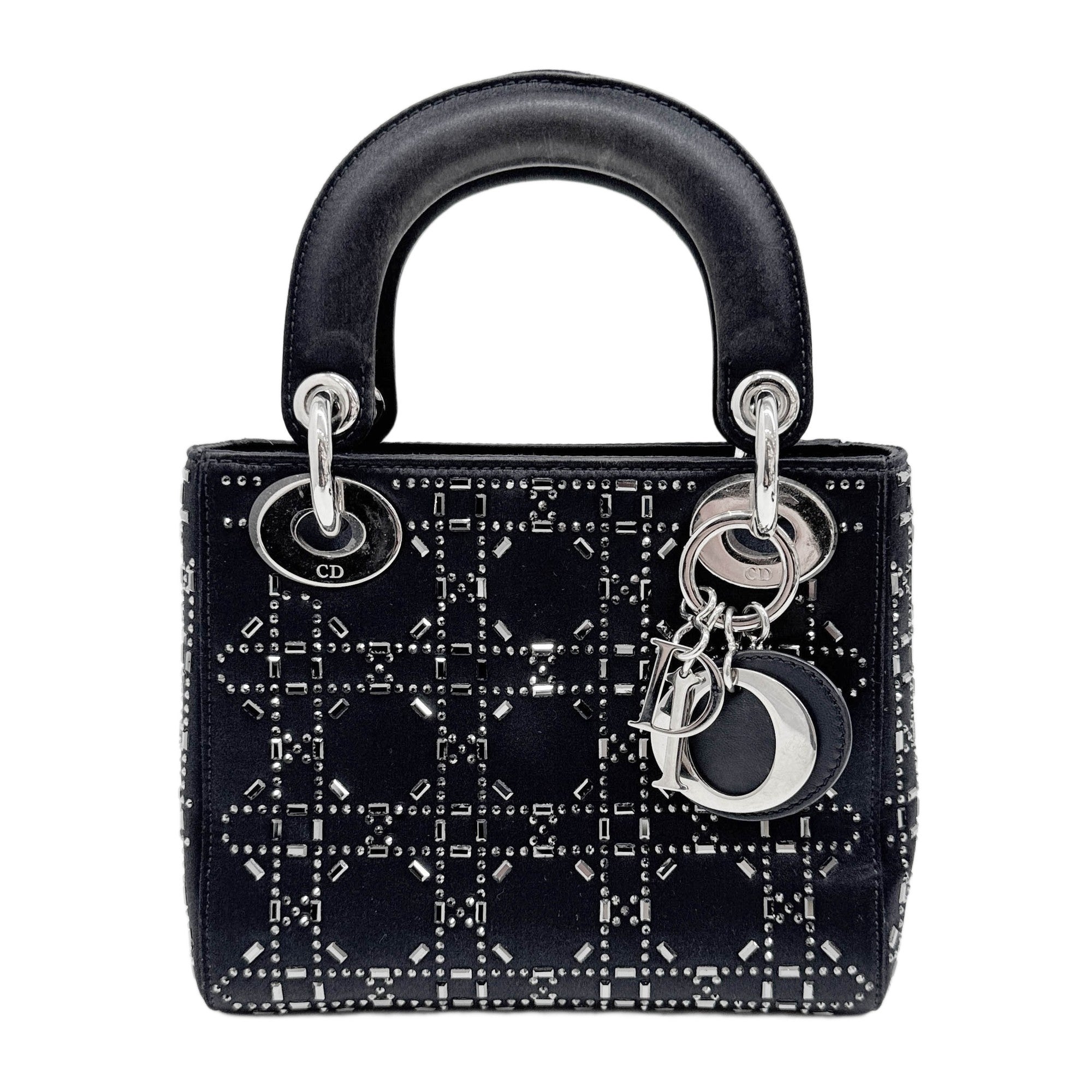 Mini Lady Dior Black Satin with Rhinestones Handle Bag