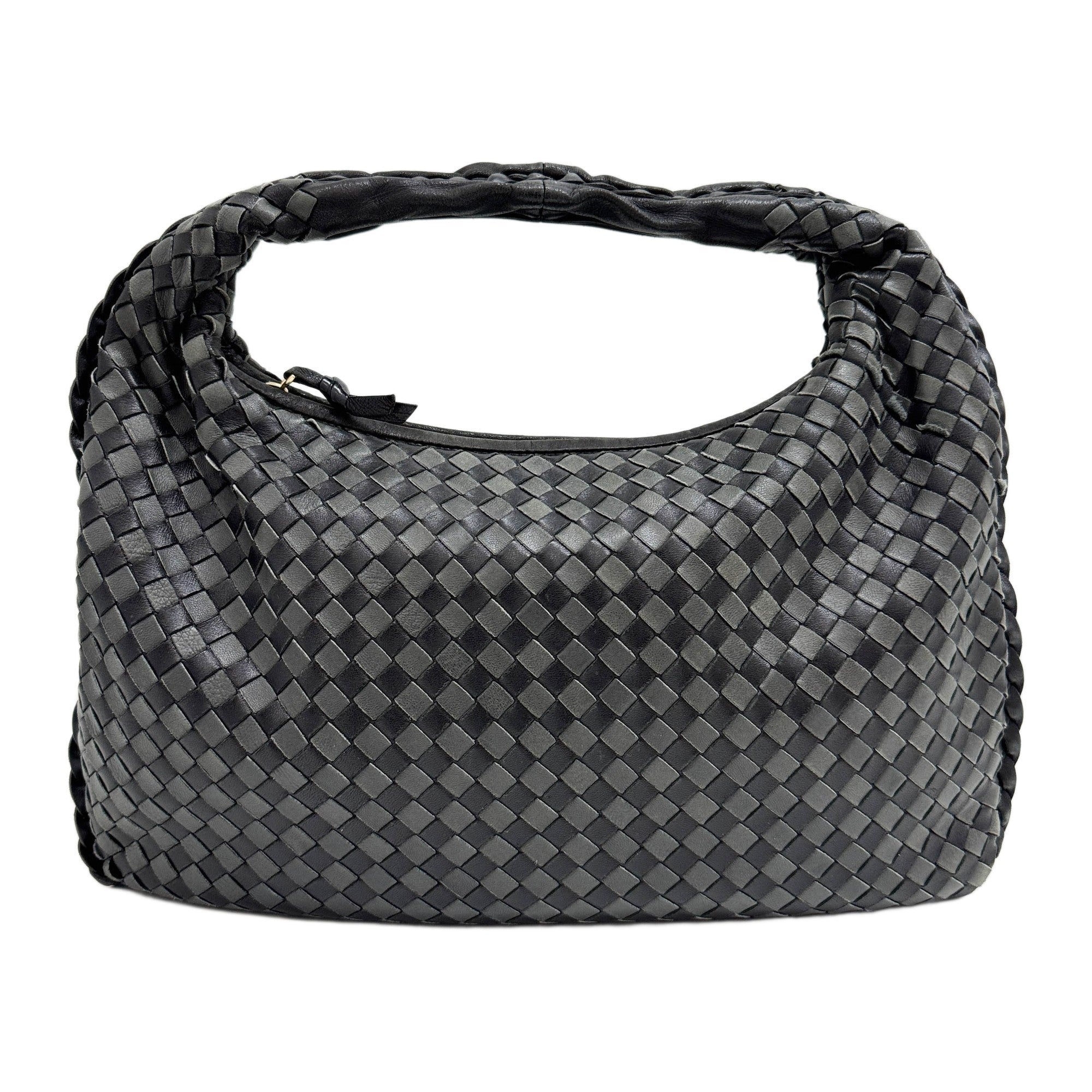 Intrecciato Black & Grey Leather Hobo Shoulder Bag