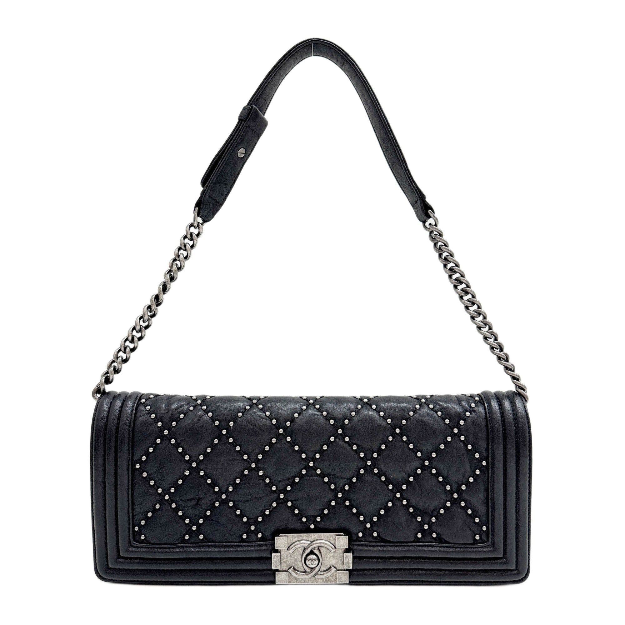 Boy 2015-2016 Black Leather Silver Studs Shoulder Bag