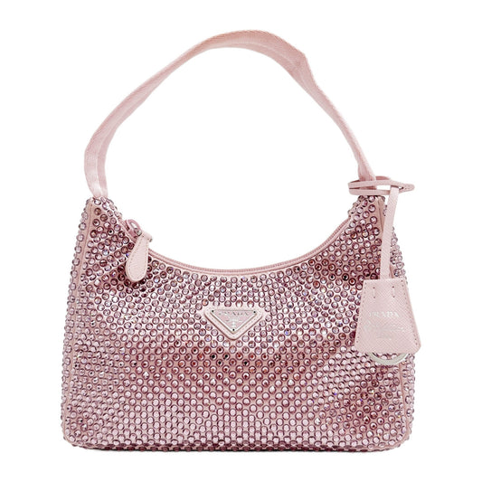 Re-Edition 2000 Crystal Embellished Pink Satin Shoulder Bag