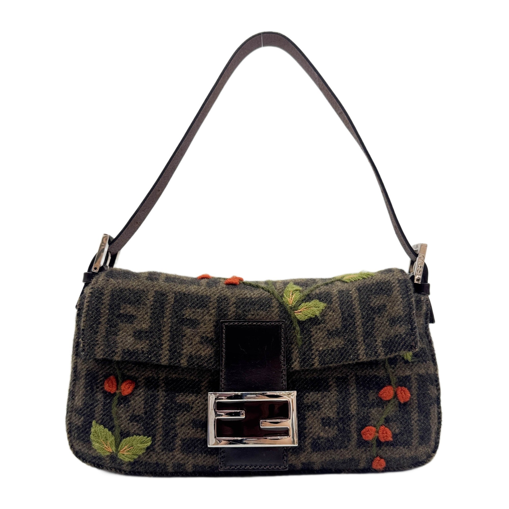 Baguette Brown Zucca Flower Embroidery Wool Shoulder Bag