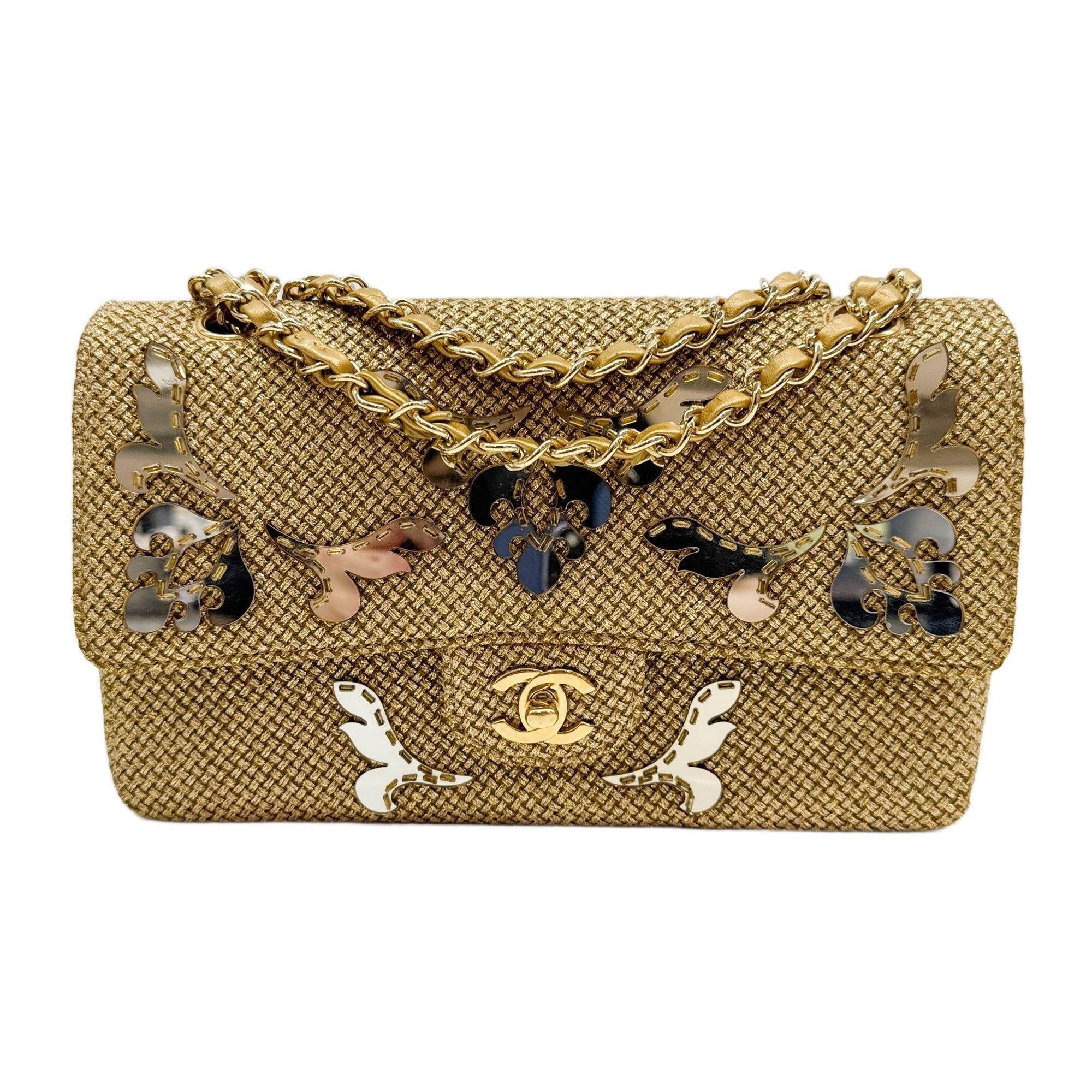 Classic Double Flap 2012-2013 Mirror Decoration Gold Raffia Shoulder Bag