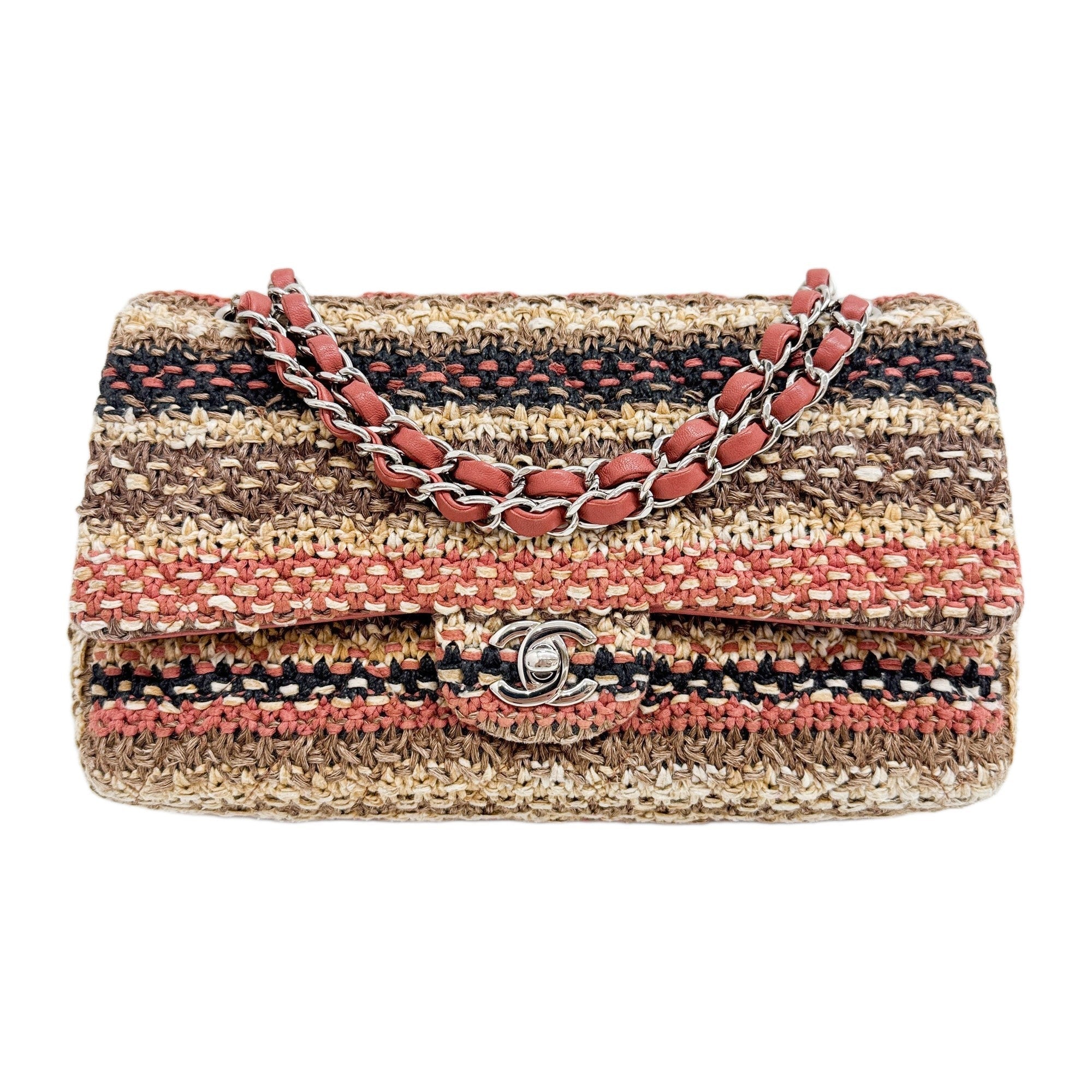 Classic Double Flap 2018 Brown Multicolor Knit Fabric Shoulder Bag