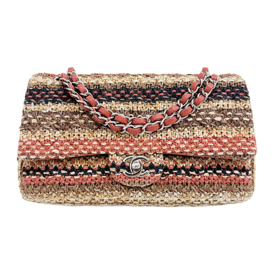 Classic Double Flap 2018 Brown Multicolor Knit Fabric Shoulder Bag