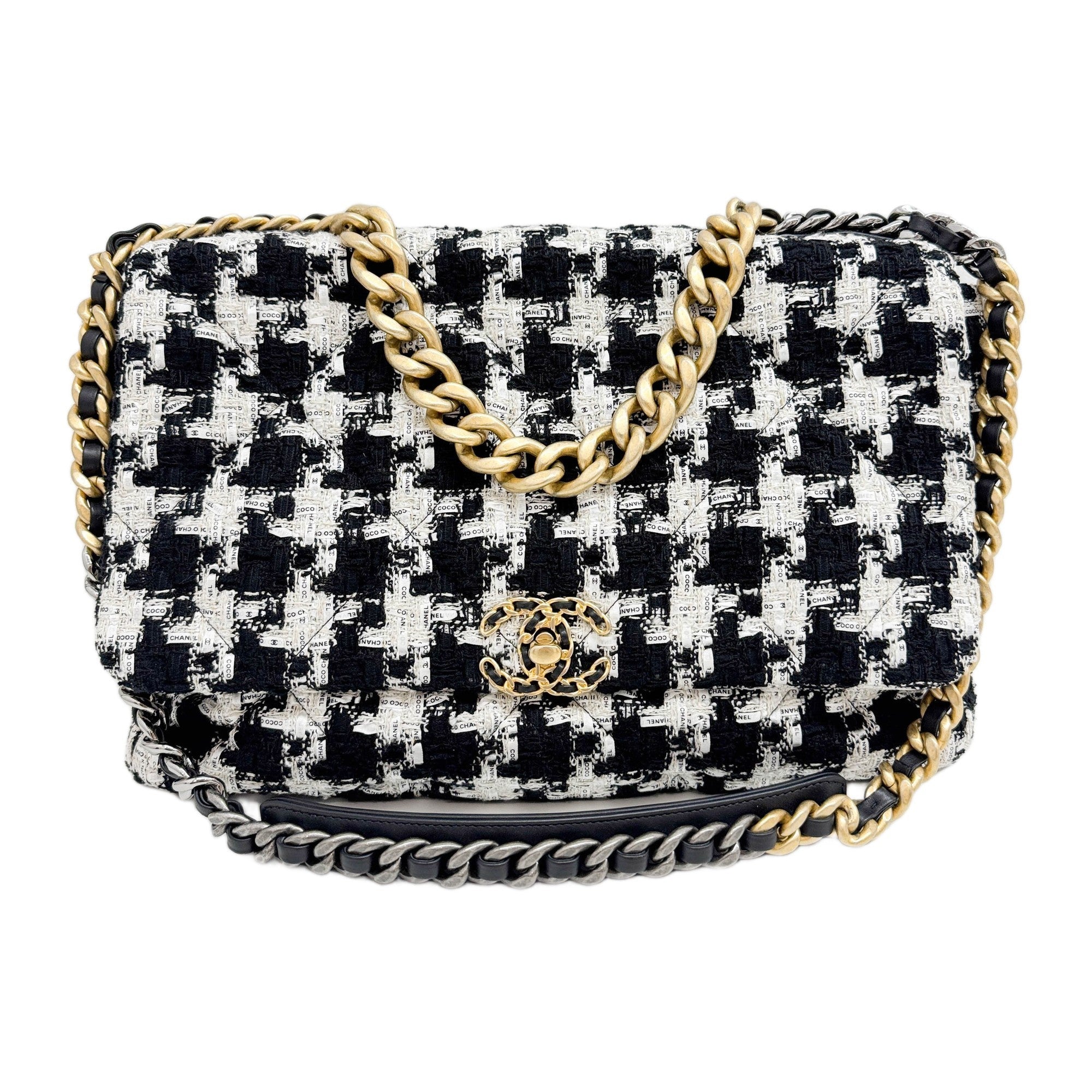 Chanel 19 Large Flap 2020 Black and White Houndstooth Tweed Shoulder Two Way Bag