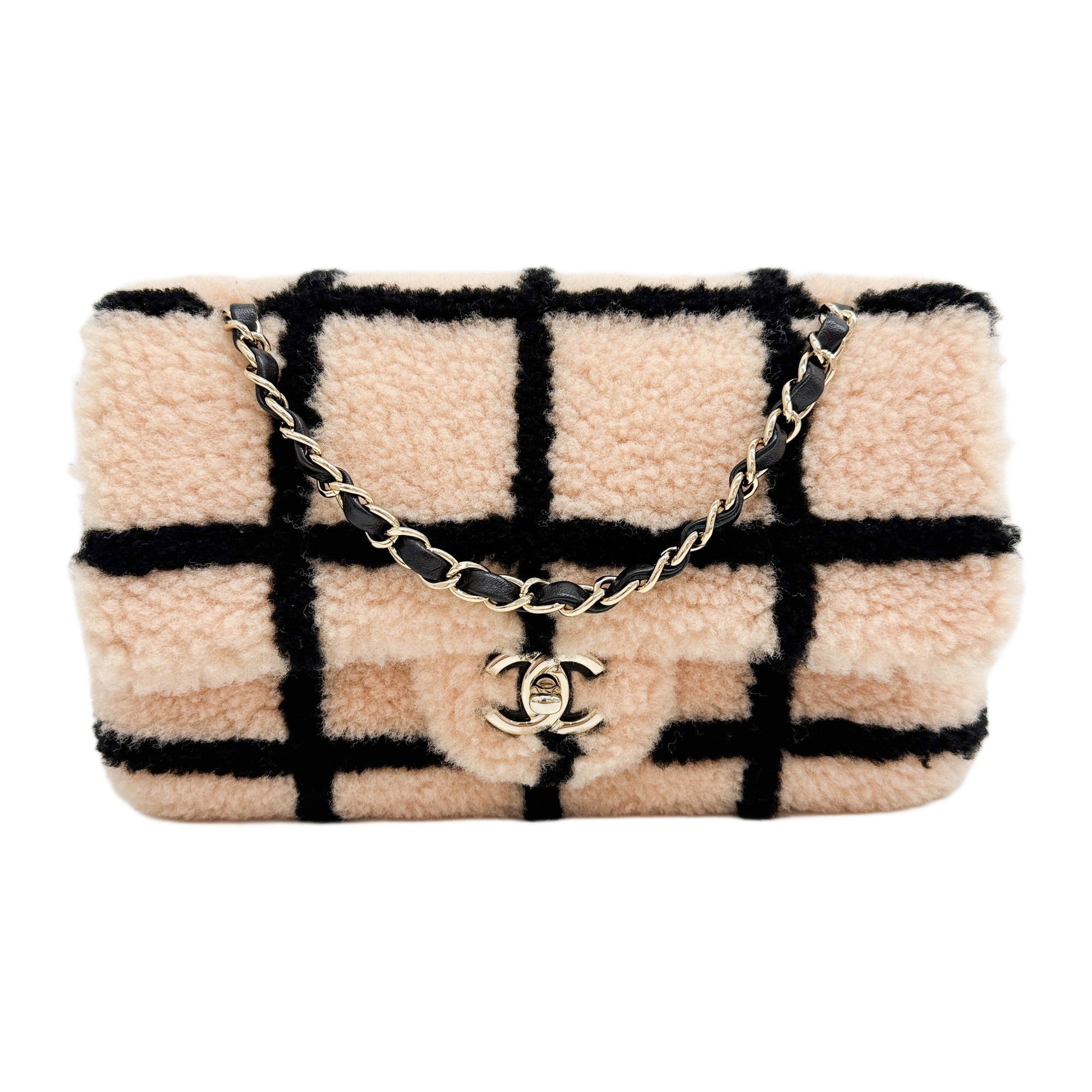 Large Fluffy Classic Flap 2021 Pink and Black Tartan Shearling Shoulder Bag