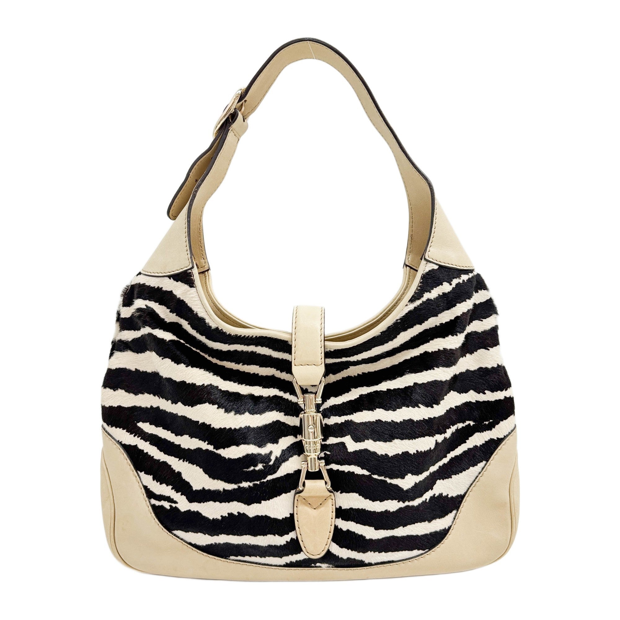 Jackie Leather Trim Black & Cream Zebra Print Pony Hair Shoulder Bag