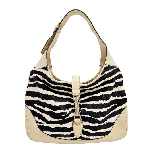 Jackie Leather Trim Black & Cream Zebra Print Pony Hair Shoulder Bag
