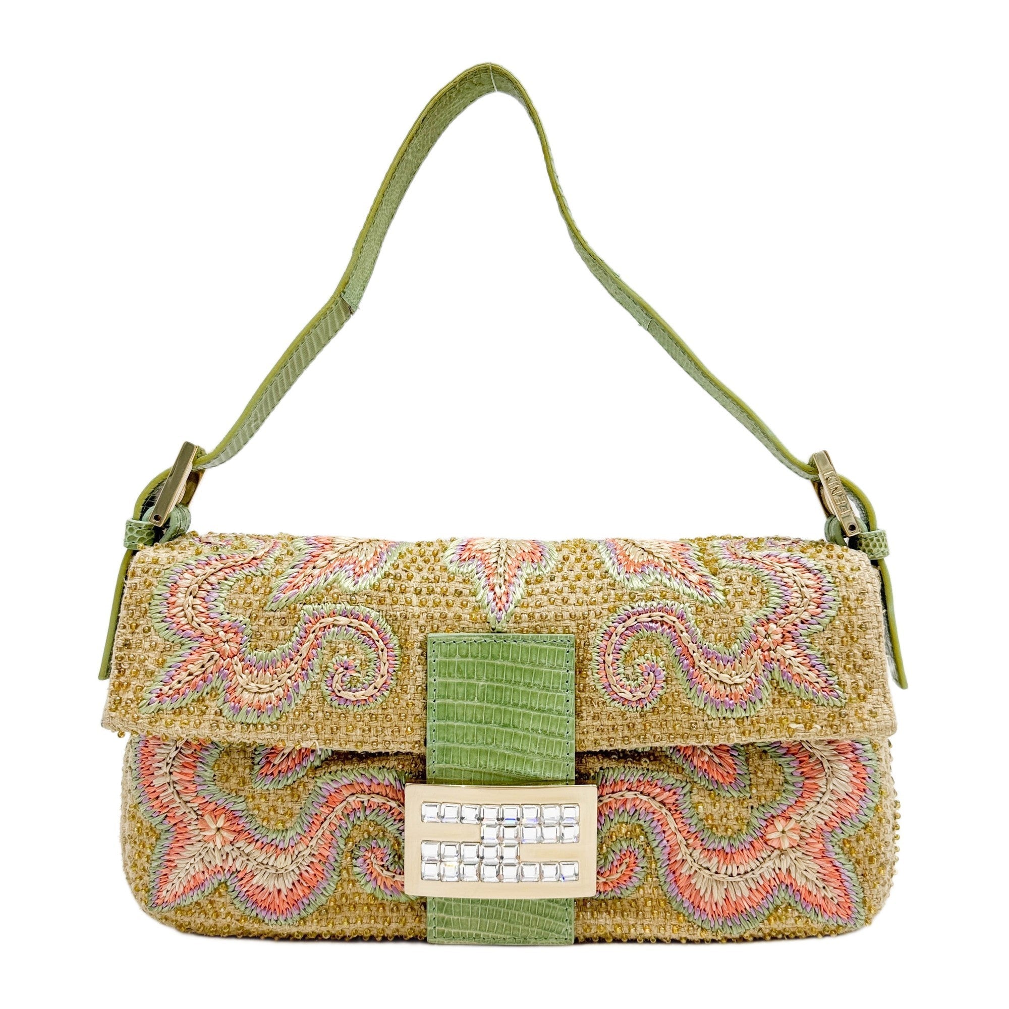 Baguette Pale Green Beaded Python Embossed Leather Shoulder Bag