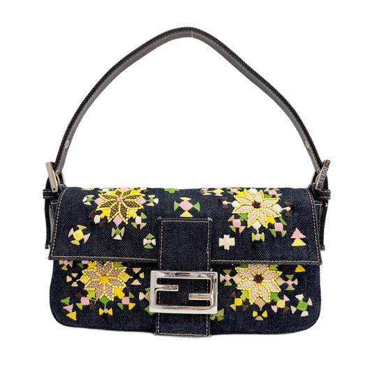 Baguette Denim Flower Beads Embroidery Shoulder Bag