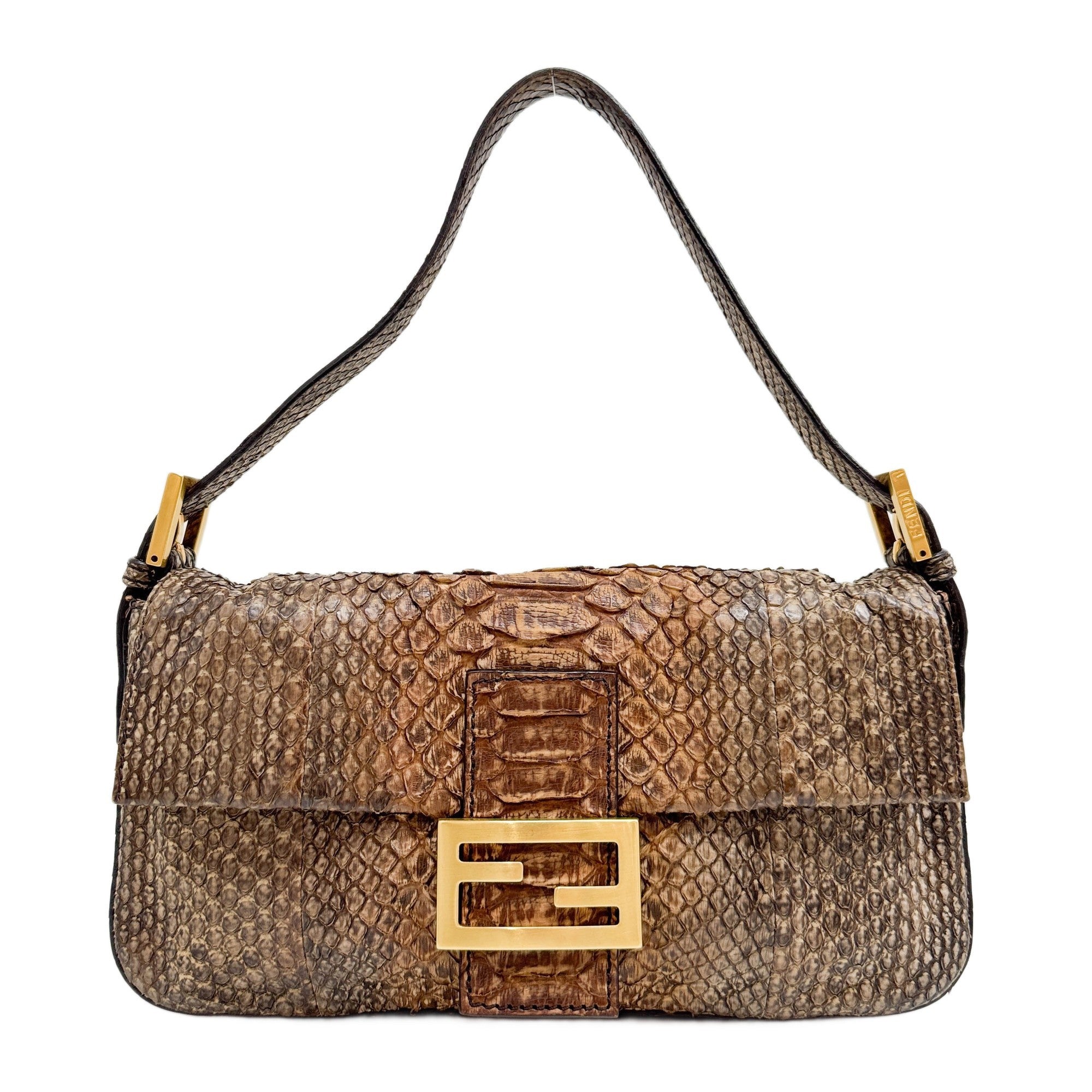 Baguette Brown Python Embossed Leather Shoulder Bag