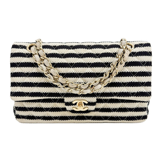 Double Flap 2014-2015 Black & White Cotton with Pearl Chain Shoulder Bag