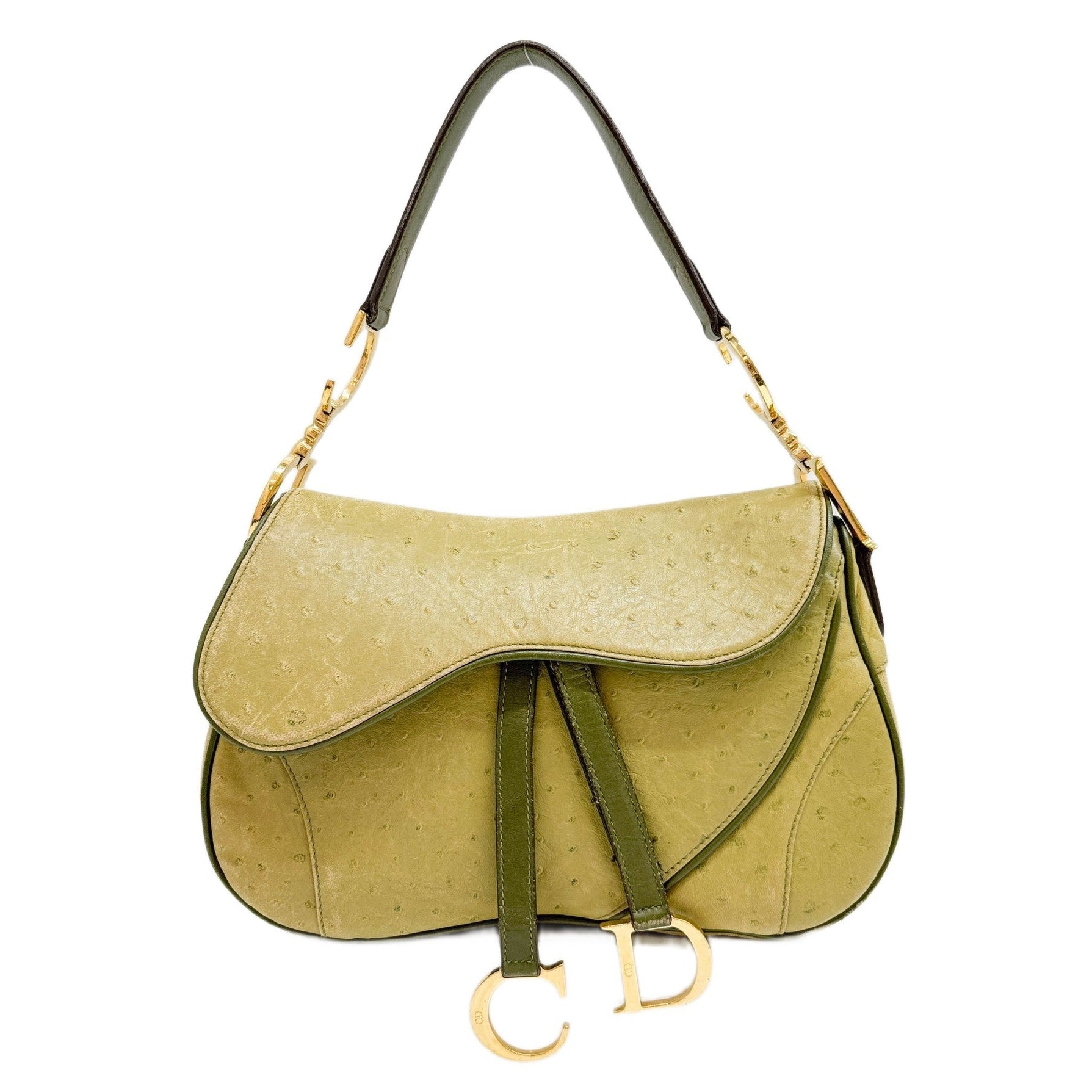 Double Saddle Green Ostrich Embossed Leather Shoulder Bag