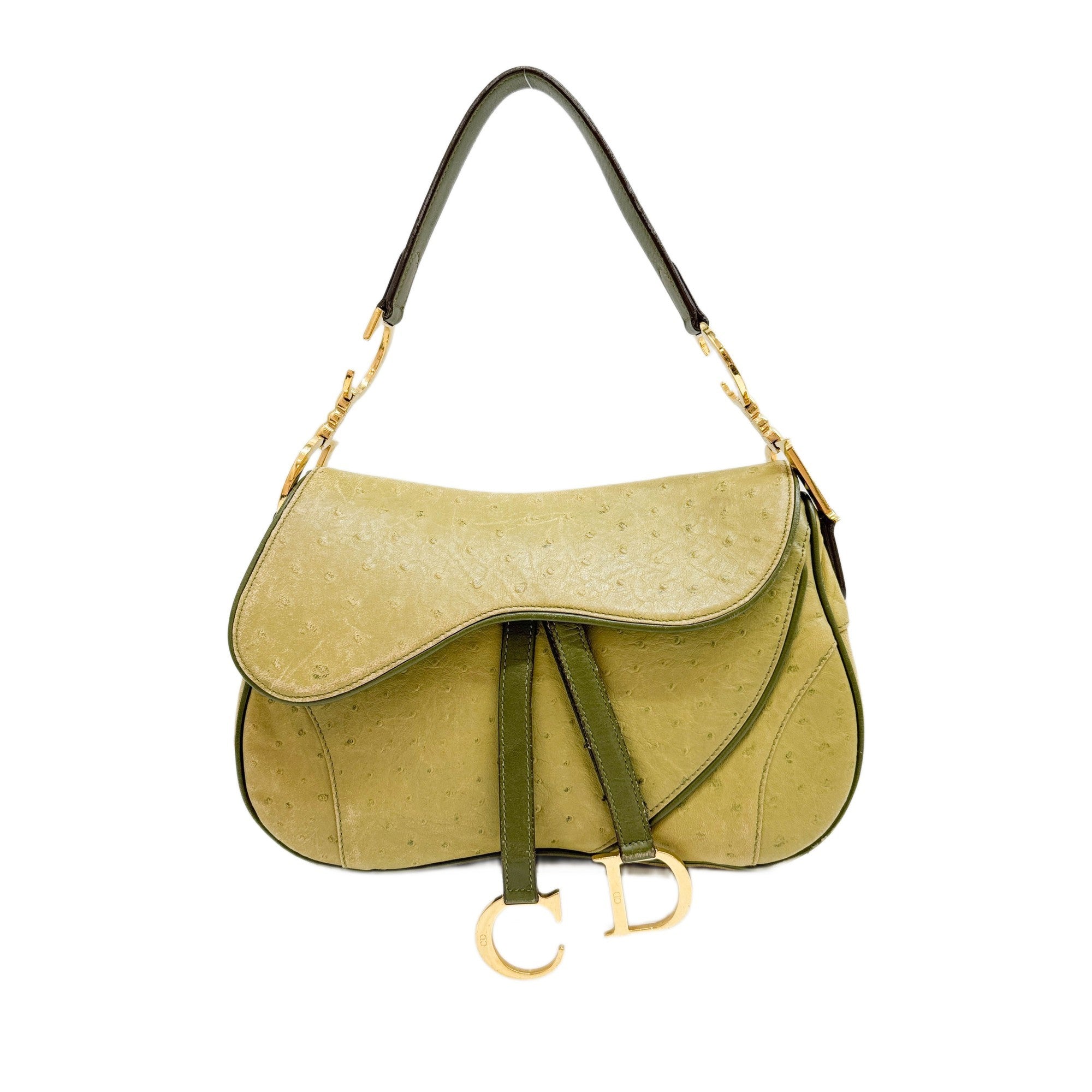 Double Saddle Green Ostrich Embossed Leather Shoulder Bag