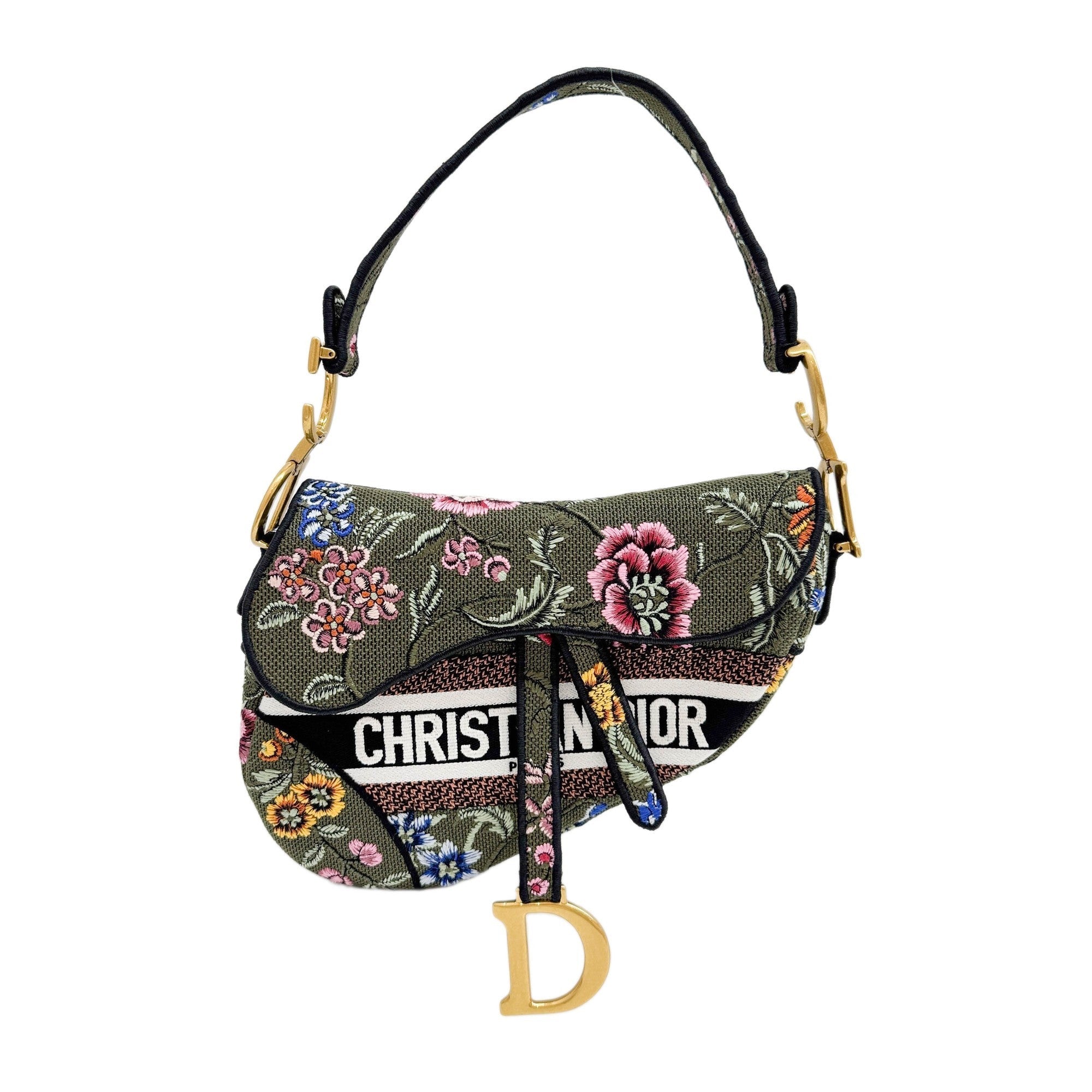 Saddle "Petite Fleurs" Embroidered Green Floral Canvas Shoulder Bag