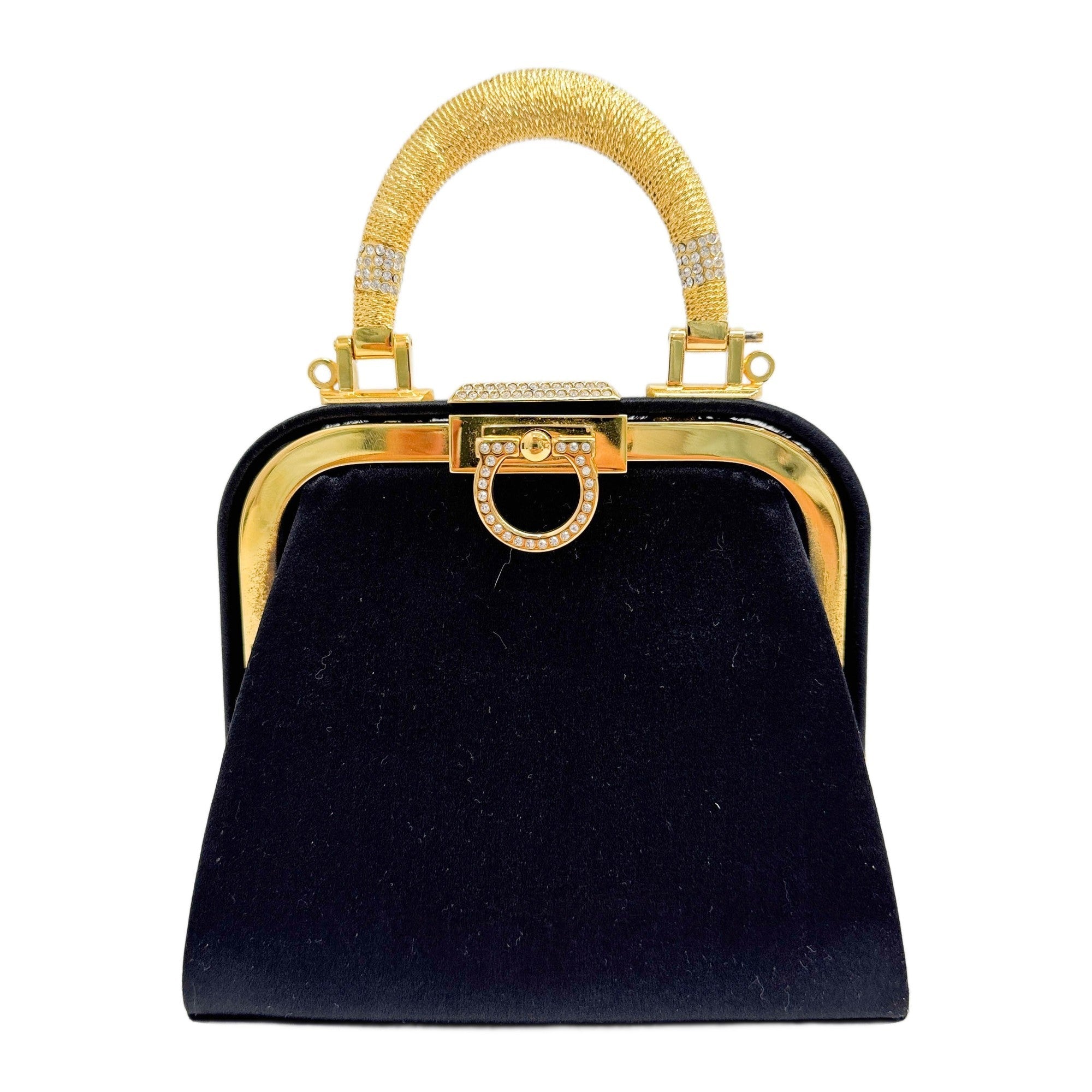 Mini Fermoir Black Satin with Rhinestone Hand Bag