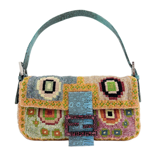 Baguette Multicolor Beaded with Python Embossed Leather Shoulder Bag