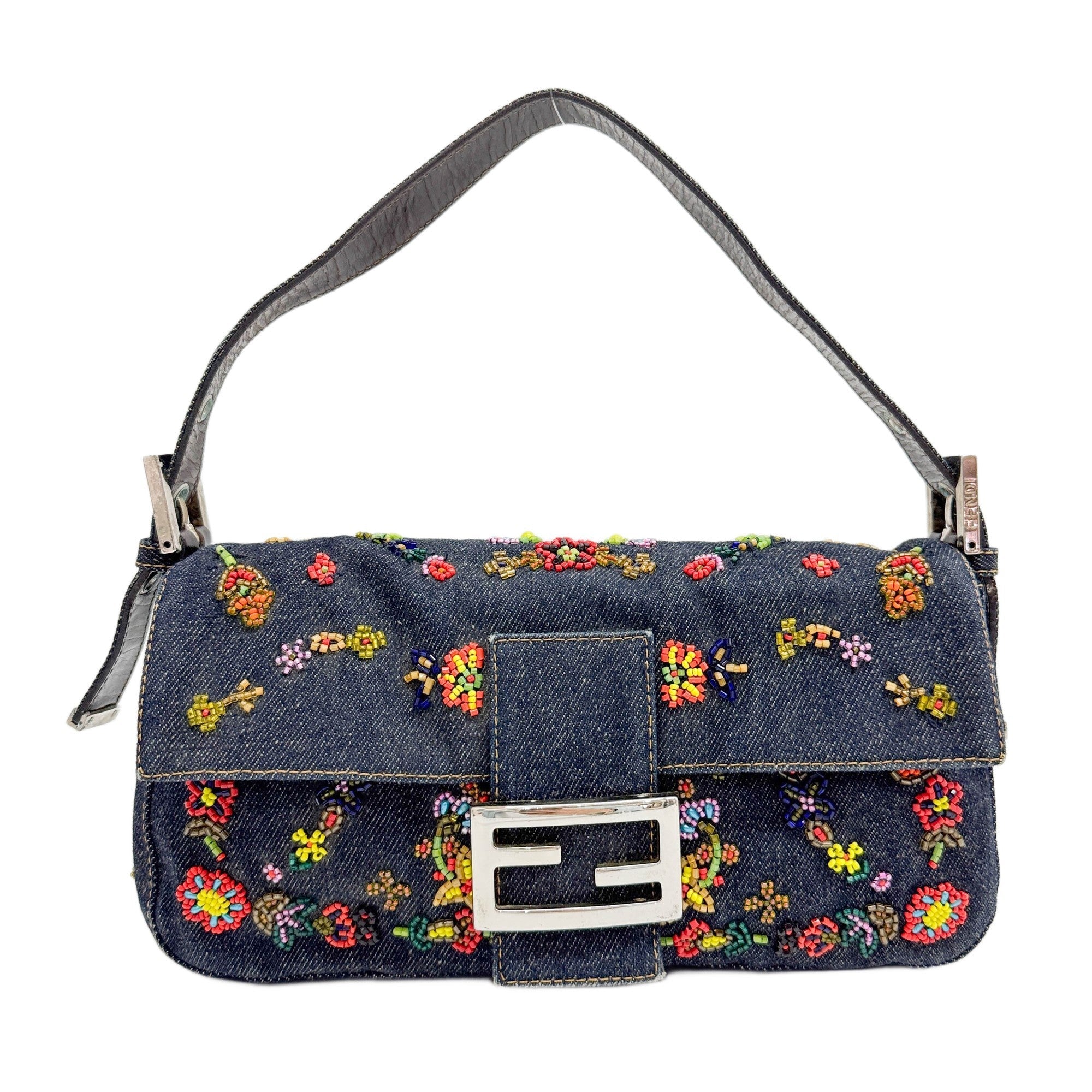 Baguette Denim Flower Beads Embroidery Shoulder Bag