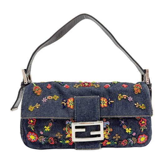 Baguette Denim Flower Beads Embroidery Shoulder Bag