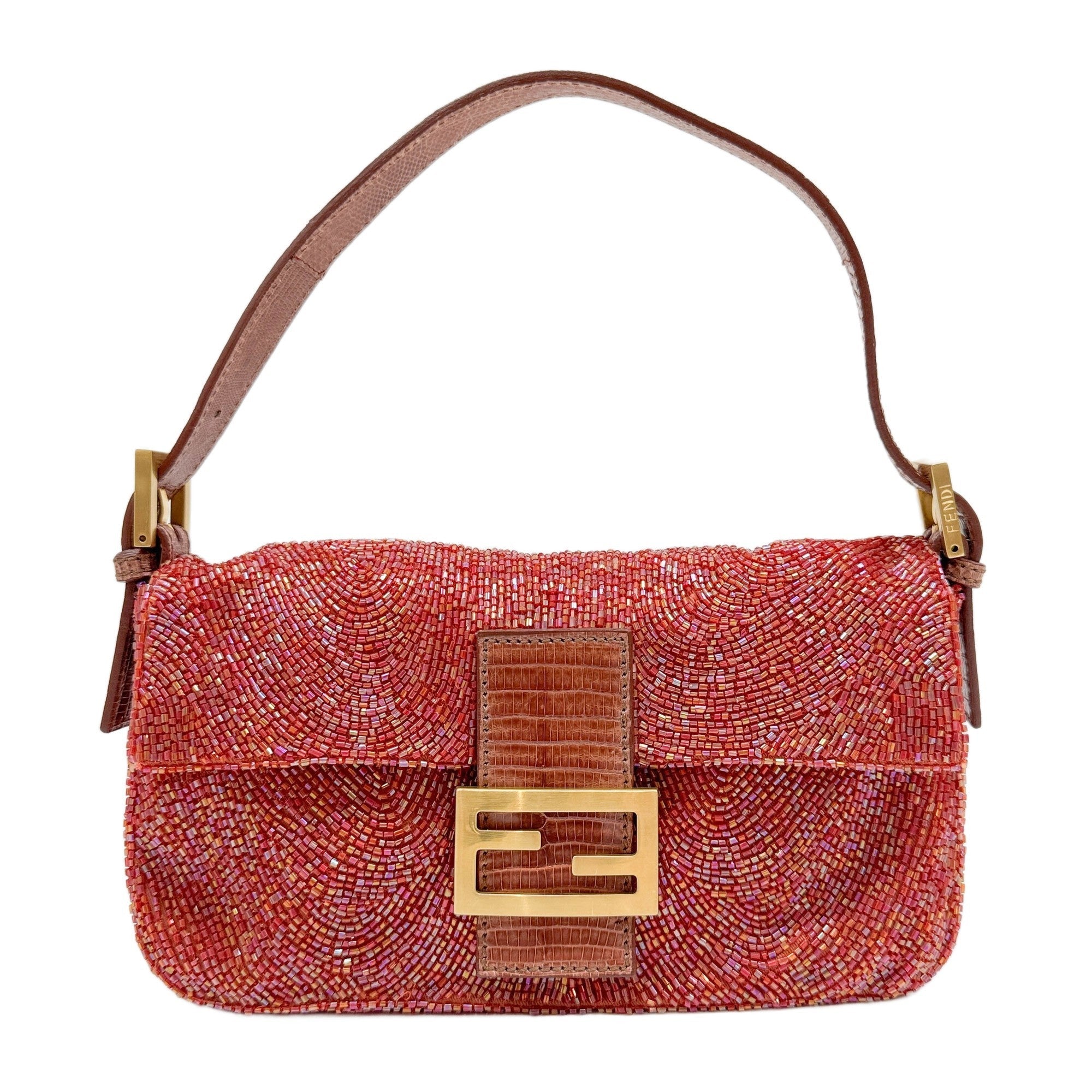 Baguette Red Beads with Python Embossed Leather Shoulder Bag