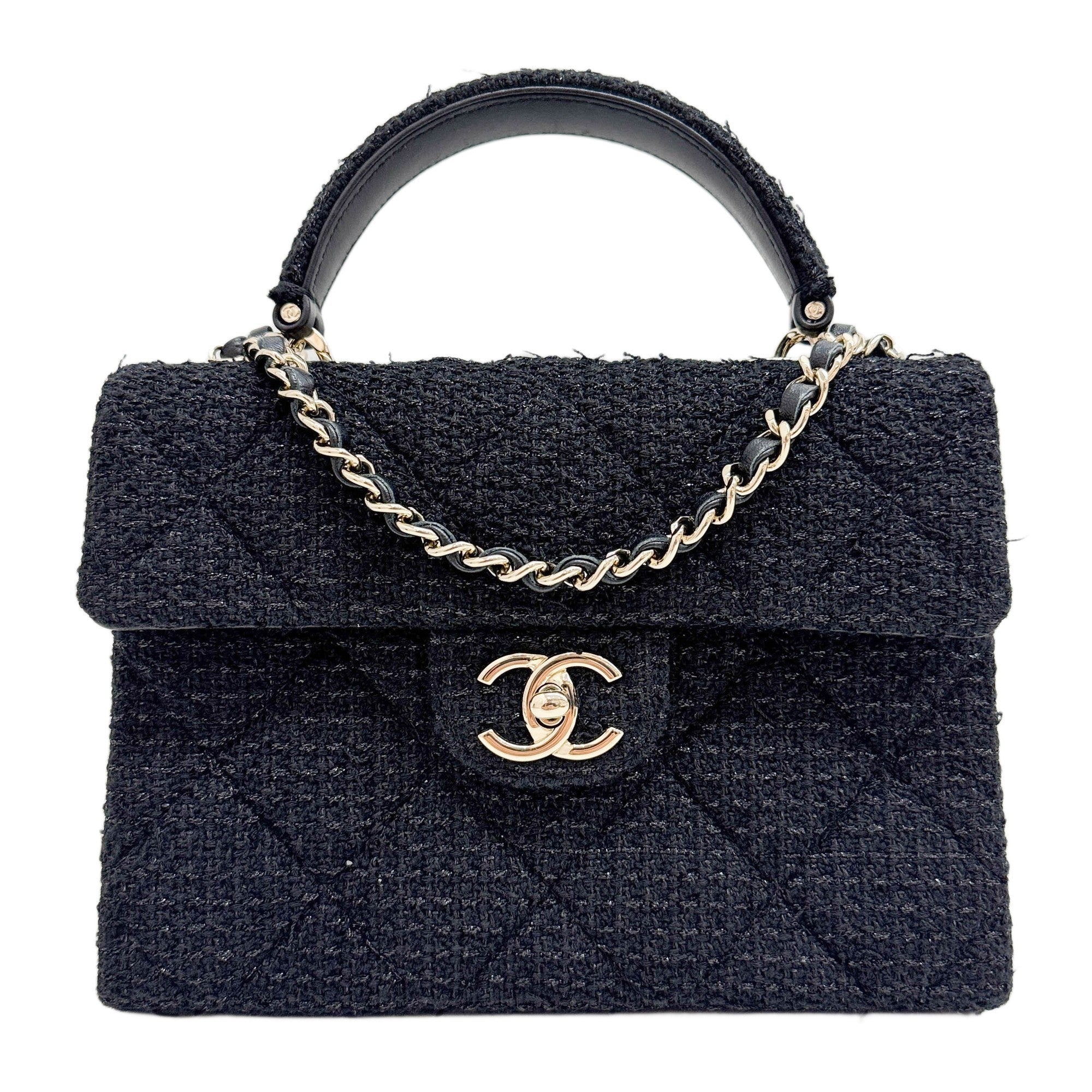 Mini Flap with Top Handle 2021-2026 Black Tweed Two Way Bag