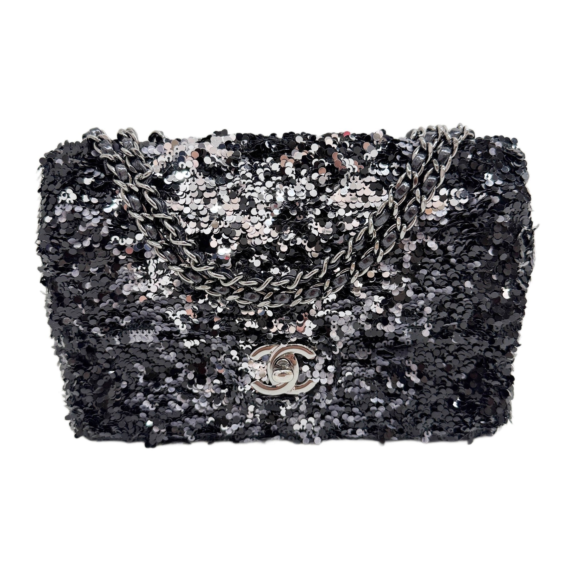 Mini Classic Flap 2018 Black and Silver Sequin Shoulder Bag