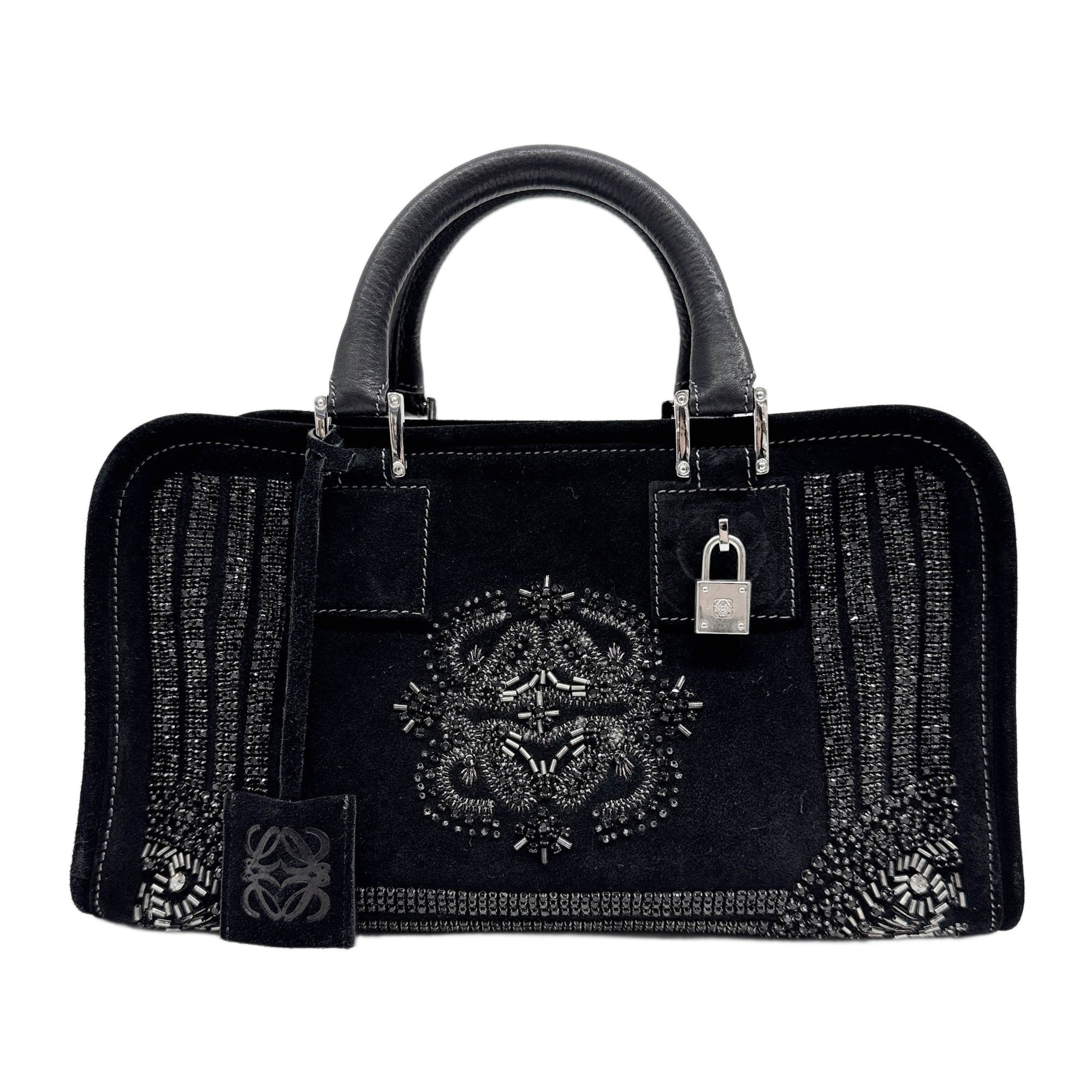 Amazona Embroidered Beads Black Suede Hand Bag