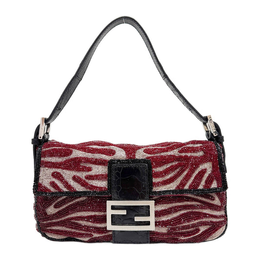 Baguette Embroidered Beaded Zebra Print Red Satin Shoulder Bag