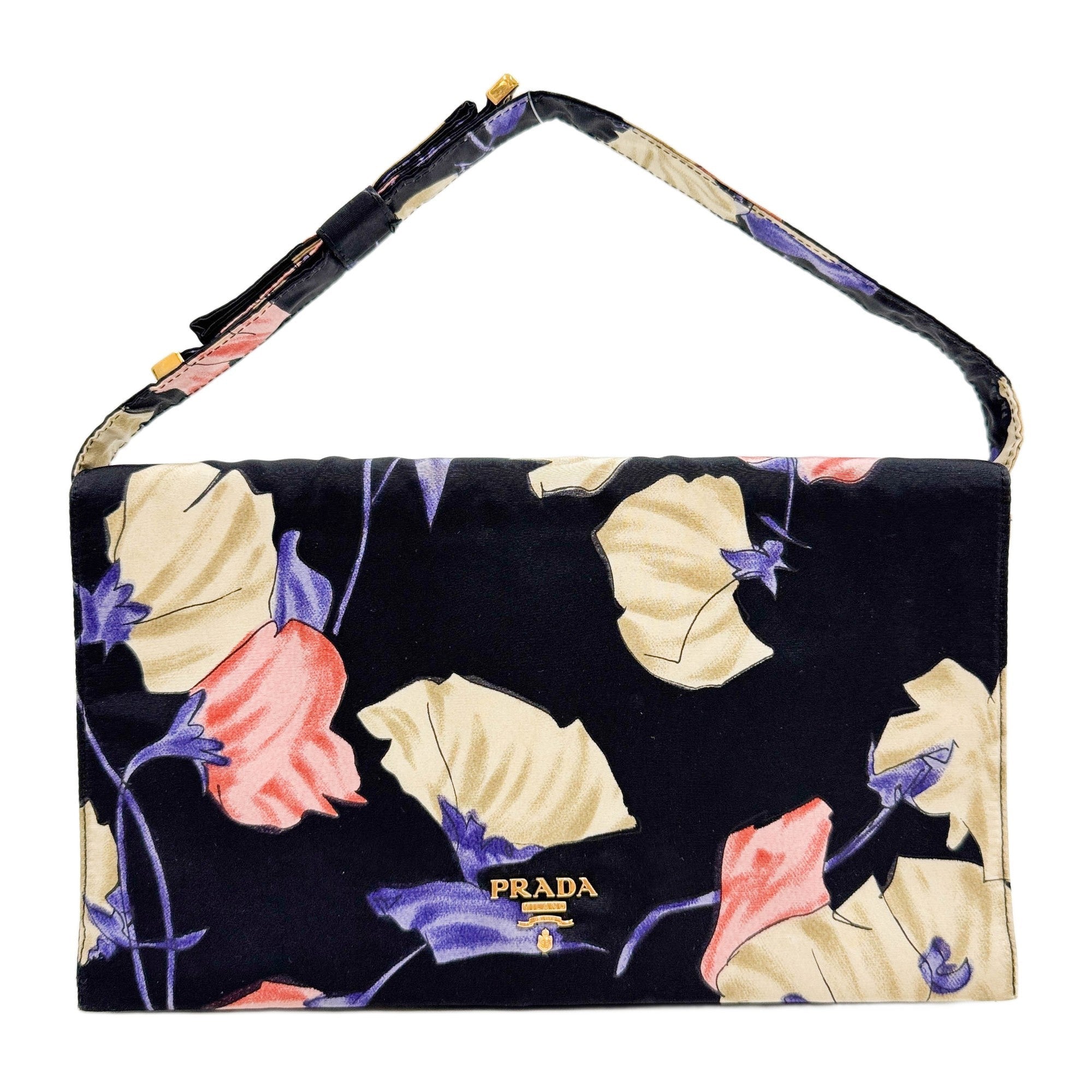 Black Nylon Floral Print Hand Bag