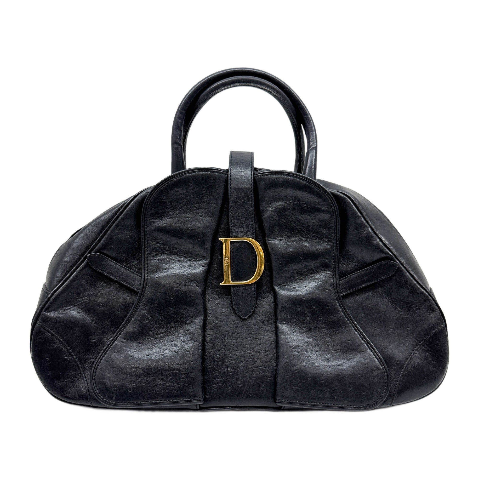Saddle Bowler Black Ostrich Leather Hand Bag