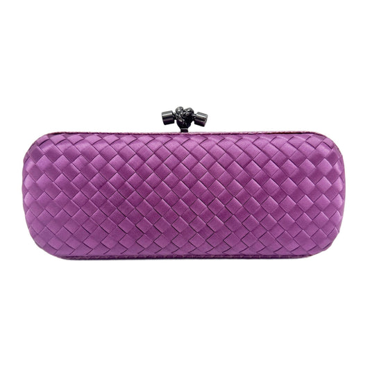 Long Knot Python Embossed Leather Trim Intrecciato Purple Satin Clutch