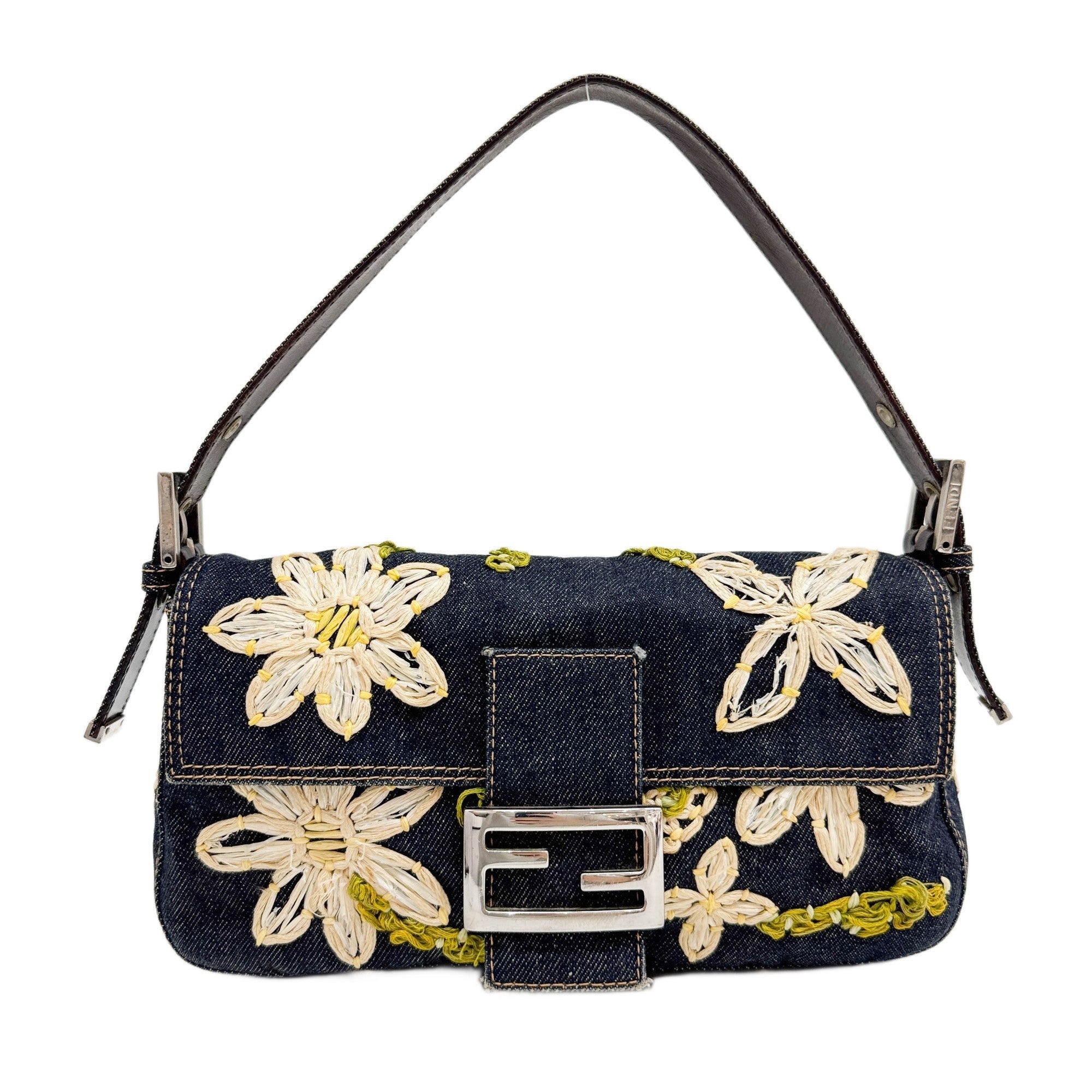 Baguette Embroidered Raffia Blue Denim Shoulder Bag